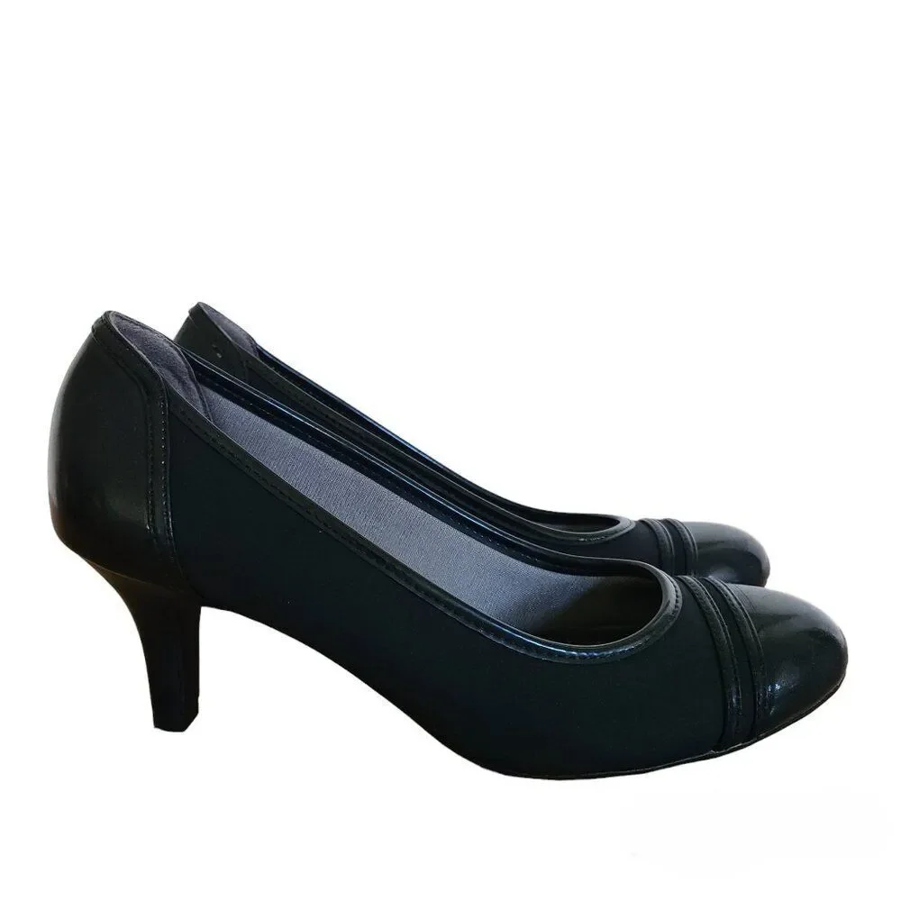 Life Stride Women's Petunia Black Pumps High Heels Shoes Patent And Fabric 8.5M